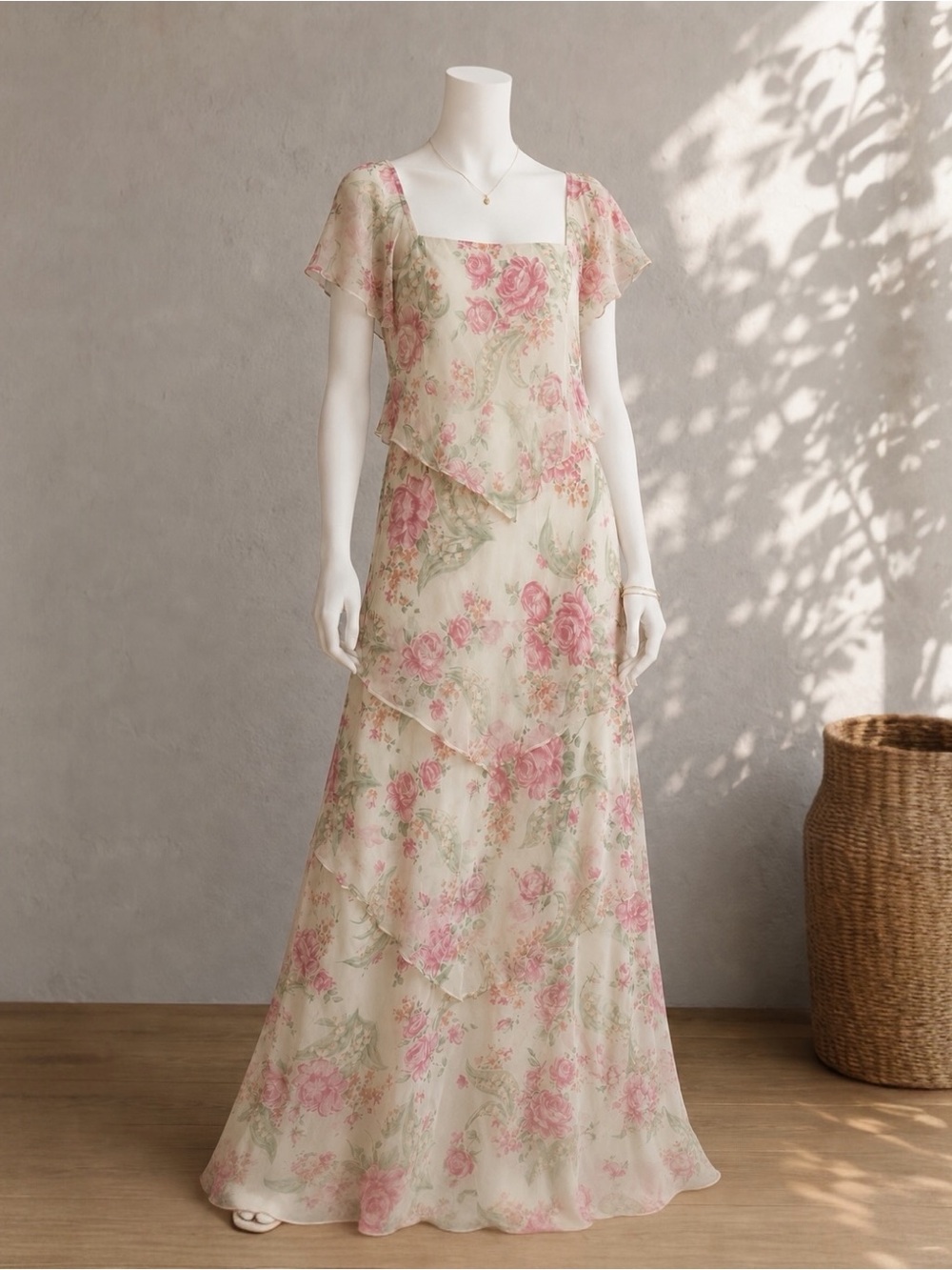 Vintage 70s Floral Maxi Dress Ivory Pink Tiered Ruffle Cottagecore Prairie Gown